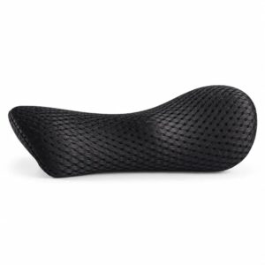 Black contoured lumbar pillow with a mesh cover
