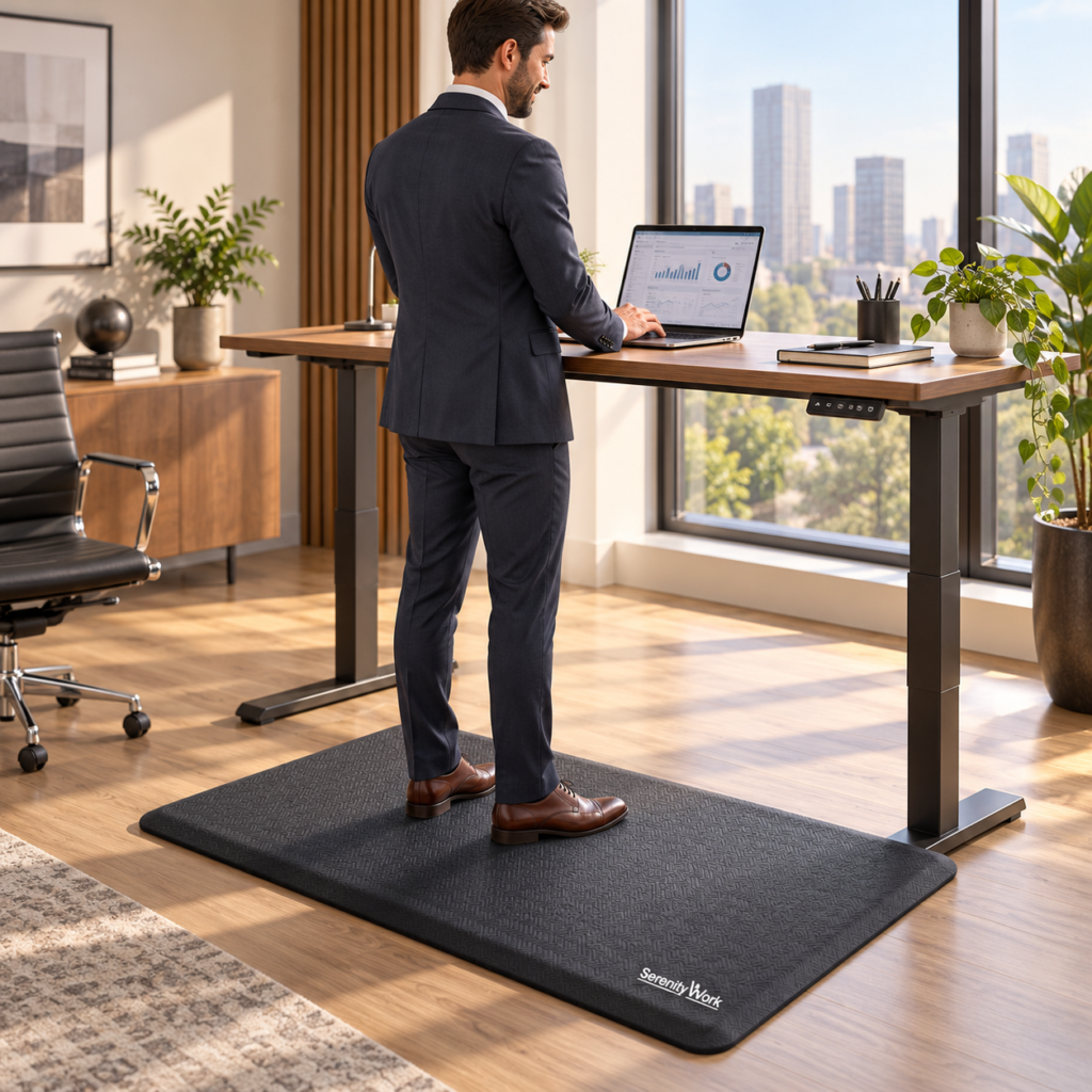 Man in a suit working at a standing desk on the black SerenityWork anti-fatigue mat