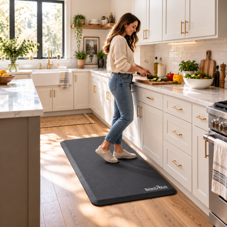 Woman preparing vegetables at a kitchen bench while standing on the black SerenityWork anti-fatigue mat