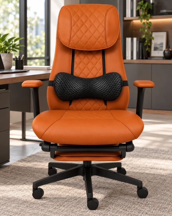 Ergonomic pillow strapped to the back of a Serenity massage office chair in a home office