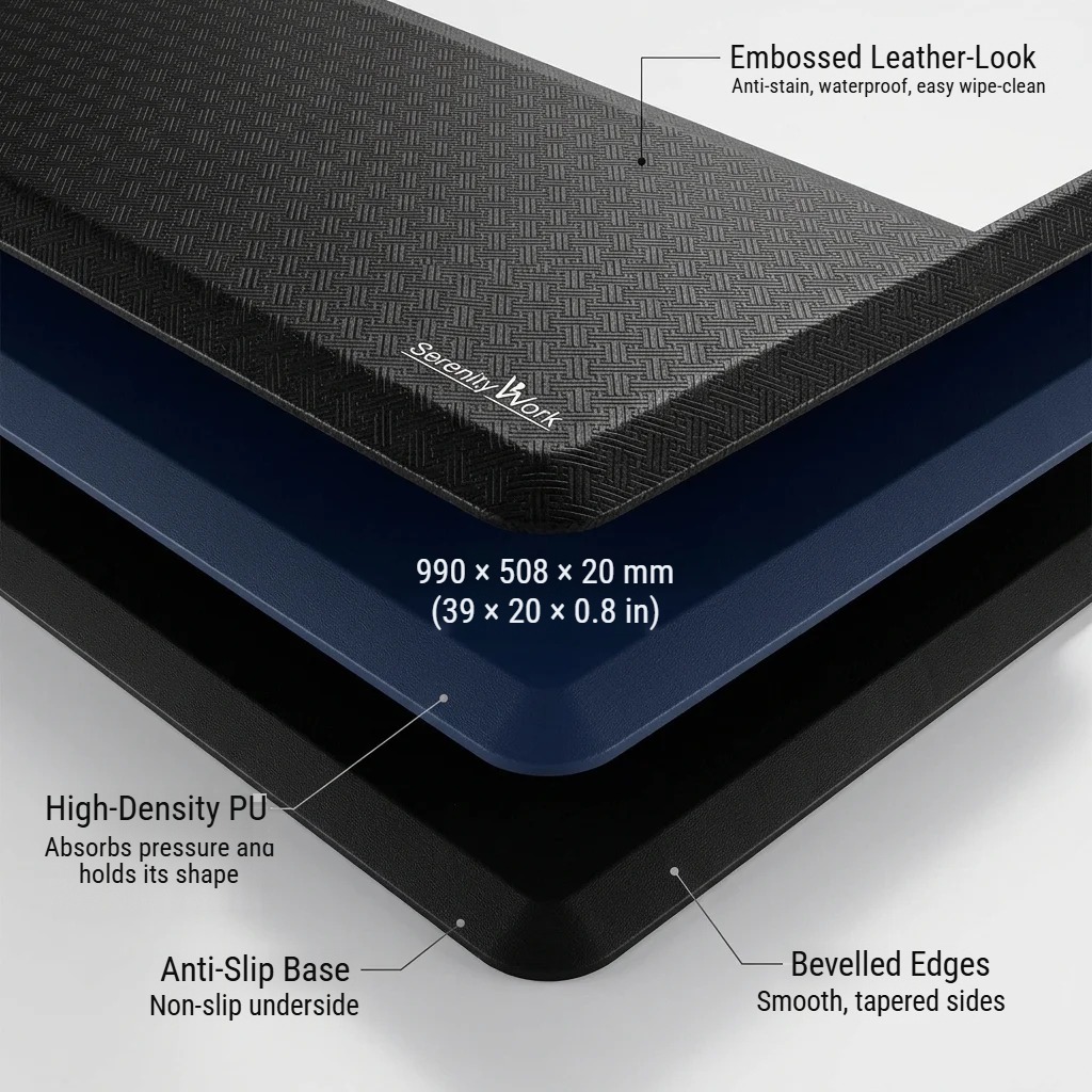 Cut-away of the mat showing its embossed matte leather-look top, high-density PU core and anti-slip base with bevelled edges